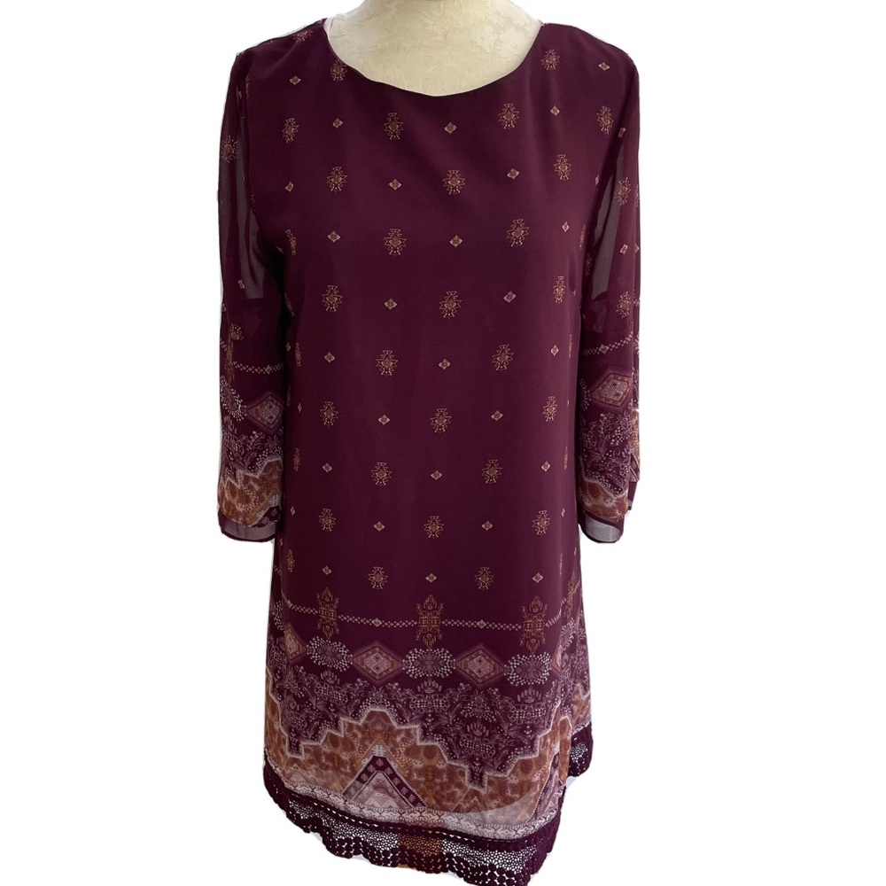 Burgundy Shift Dress Size L Juniors Slit Bell Sleeve Maroon Pattern Lined Rewind